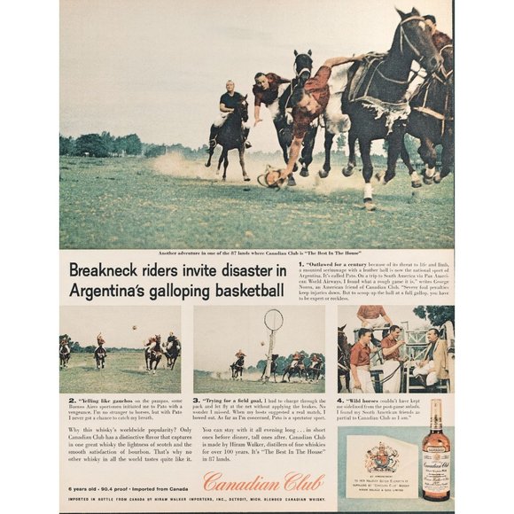 1959 Canadian Club Rye Whisky Vintage Print Ad Argentina Pato Horses Gauchos 50s - Picture 1 of 1